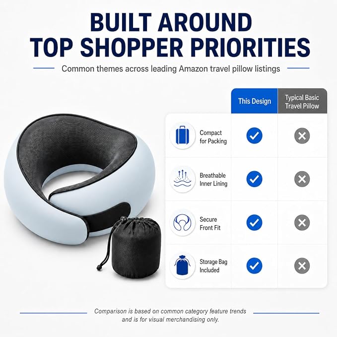 Travel Neck Pillow for Airplanes, Pure Memory Foam Neck Pillow with Washable Cover and Storage Bag, Ergonomic 360° Support for Sleeping, Car, Office, Home, Black