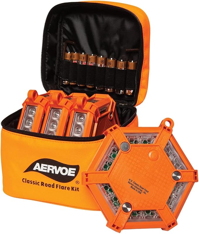 Aervoe 11480 H.D.Classic Road Flare Kit, Red LEDs, 7 Flash Patterns, Crushproof, Waterproof, Visibility up to 2 Miles, Rubber Housing, 100000 Hour Life, Magnet to attach to any Magnetic Surface