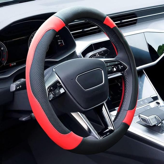 Black and Red Steering Wheel Cover Microfiber Leather Sporty Car Accessories for Men and Women,Breathable Non-Slip Universal Fit 14 1/2-15 Inch