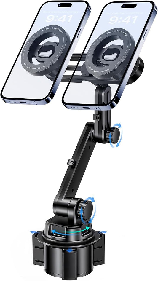 Dual MagSafe Cup Holder Phone Mount, Adjustable for iPhone 12-17 | Dual MagSafe Cup Holder Phone Mount, 360° Adjustable, Modular, Fits Cars, SUVs & Trucks, iPhone 12-17