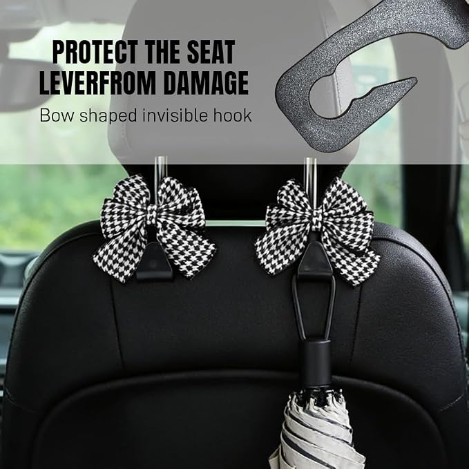 2PCS Car Seat Headrest Hooks, Car Purse Hook, Cute Bow Knot Vehicle Seatback Hanging Storage Organizer, Auto Seatback Decor Organizer Hanger for SUV Truck (Houndstooth/Black)