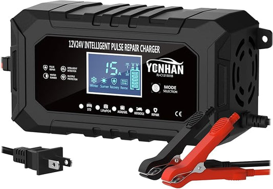 YONHAN 15-Amp 12V 24V Battery Charger LiFePO4 Trickle Charger | Car Battery Charger Fully-Automatic Smart Lead Acid Portable 9-Stage Smart Battery Maintainer with Temp Compensation