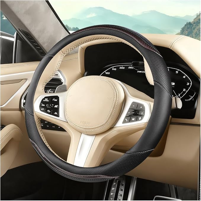 Car Steering Wheel Cover, Carbon Fiber Breathable Vehicle Steering Wheel Cover Wrap with Anti-Slip Lining, Automotive Interior Decorative Accessories, Universal for SUV RV Truck (Coffe)
