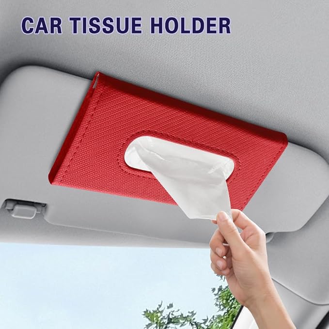 Car Visor Tissue Holder, Tissue Box Holder for Car, Leather Auto Sun Visor Napkin Case Mask Dispenser, Automotive Accessories Rectangular Hanging Auto Napkin Box Fit for Most Vehicles (Red)