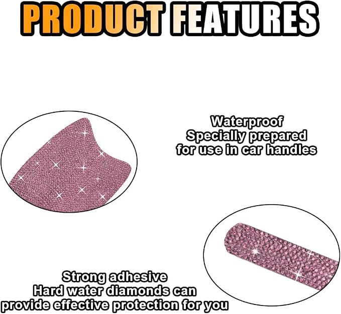 JOYCOURT 10PCS Bling Car Door Handle Anti-Scratch Sticker, Pink | Universal Car Door Handle Cup Protective Cover, Adhesive Door Bowl Sticker, Shiny Rhinestone Auto Decor Accessories for Women
