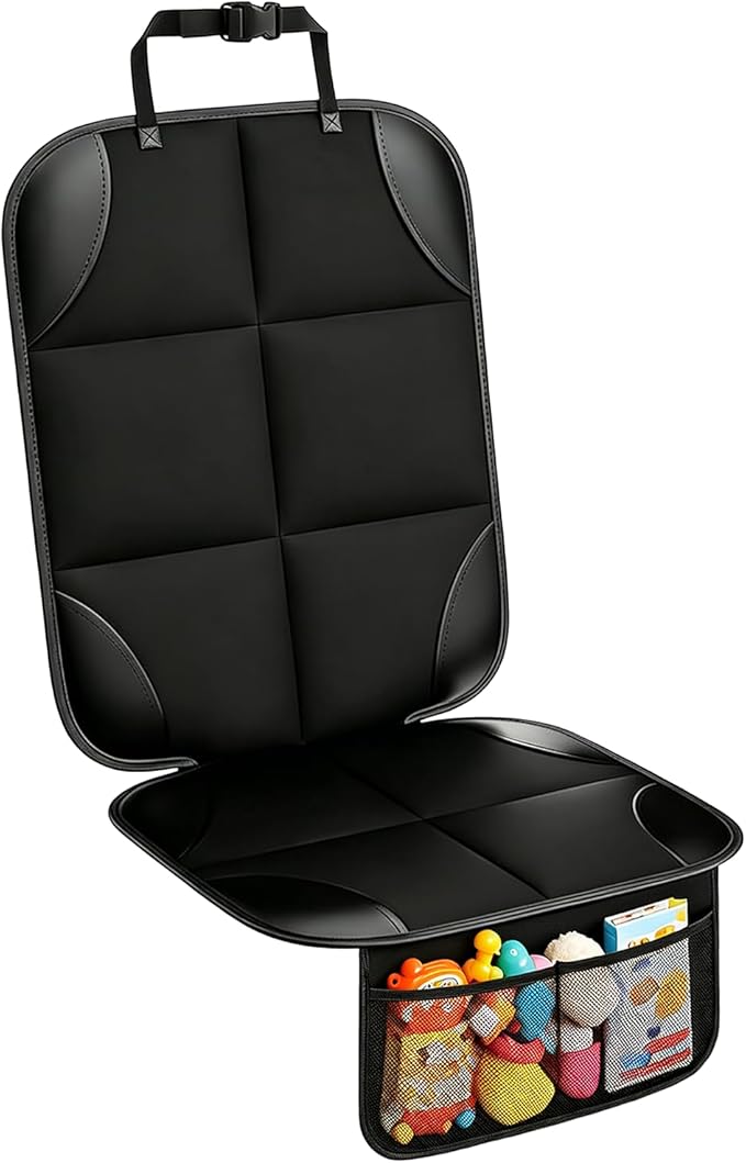 Universal Car Seat Protector - Waterproof Leather Seat Cover with Non-Slip Back & Organizer Pockets, Thick Padding for Child Safety (1, Black)