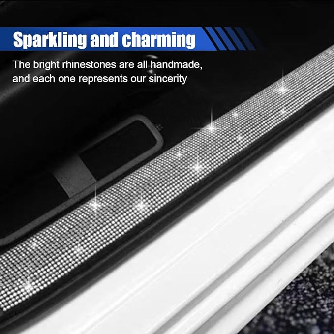 2PCS Car Door Edge Entry Guard, Bling Rhinestone Car Anti-Collision Adhesive Sticker Strip, Door Sill Strip for Rear Bumper Car SUV, Threshold Protective Stickers for Women (White)