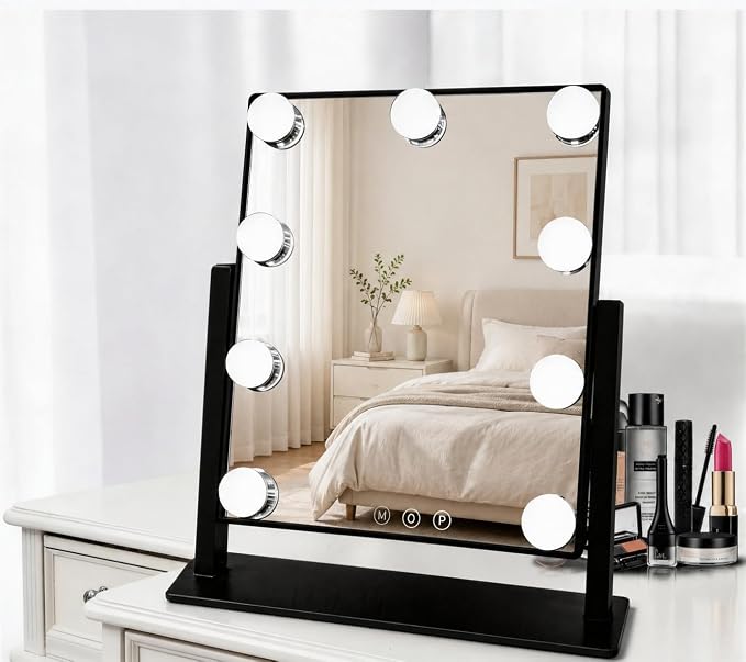 Makeup Vanity Mirror with LED Lights Makeup Mirror Detachable 10X Magnification, Hollywood Make Up Mirror with Lighting, Smart Touch, Rechargeable,360° Rotation, Black 13.77"x 11.81"