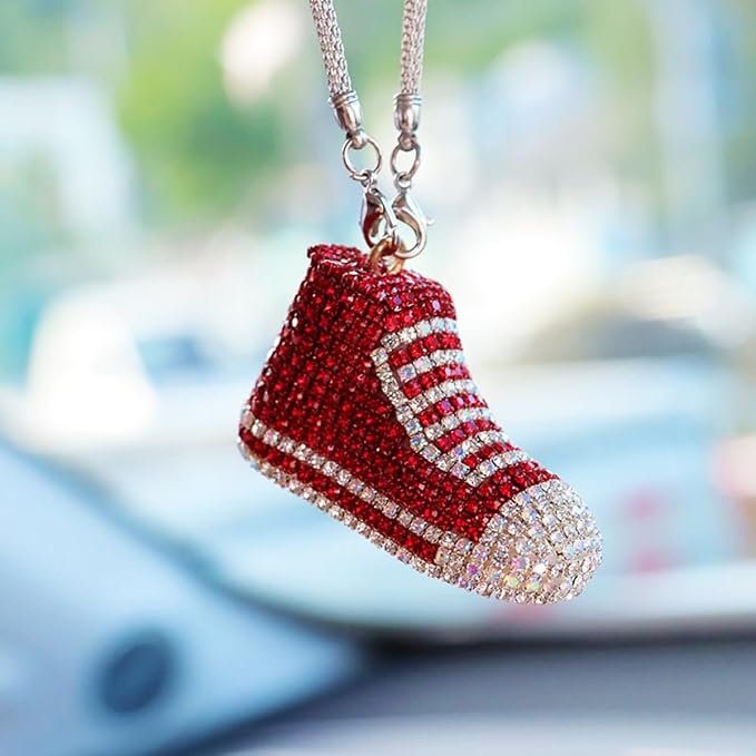 Bling Sneaker Shoe Sparkly Car Hanging Ornament, Cute Crystal Rear View Mirror Pendant, Diamond Rearview Mirror Charms, Lucky Car Interior Decor Accessories (Red)