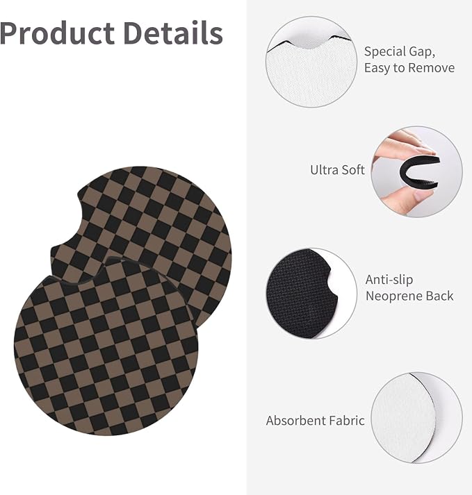 Checkered Black Brown Steering Wheel Cover Black Brown Checkered Steering Wheel Cover Anti-Slip Breathable for 15 in Universal 2 Pcs Car Interior Cup Holder Pad for Men Women