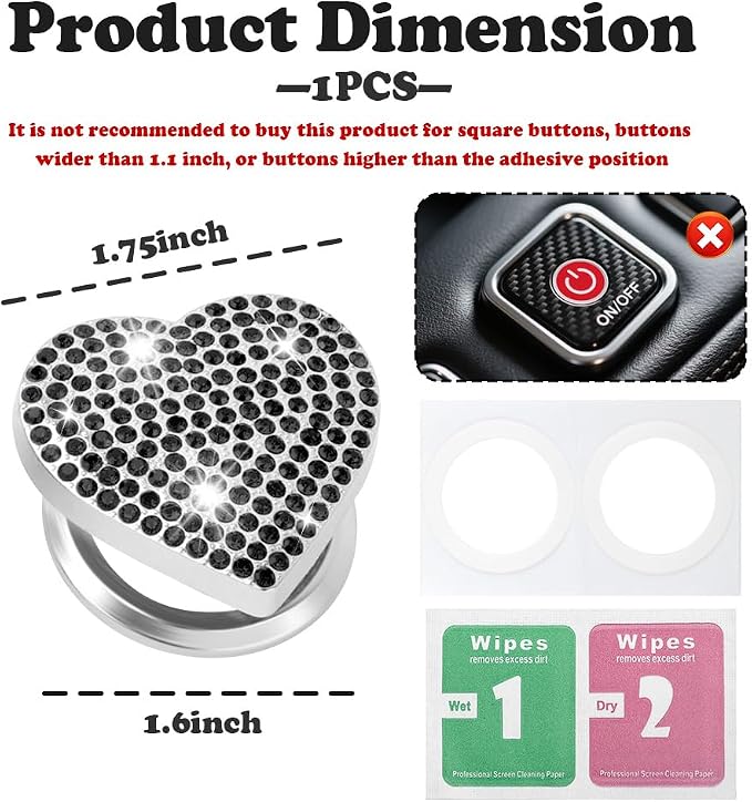 Bling Push Start Button Cover with Rhinestone,Heart Push to Start Button Cover for Car Decor,Diamond Engine Start Buttons Cover Car Accessories Interior for Women & Girl (Black)