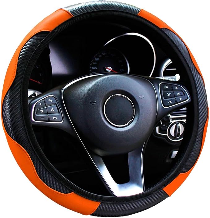 Ultra Fine Carbon Fiber Leather Steering Wheel Cover, Anti Slip and Sun Protective Protect The Steering Wheel, Easy to Install,Universal of 14.5"-15" (Orange)