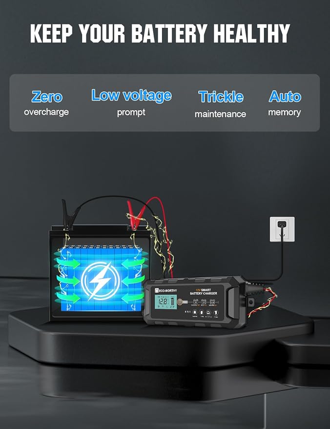 ECO-WORTHY 10A LiFePO4 Battery Charger 12V, Smart Lithium Battery Charger & Maintainer, Trickle Charger and Desulfator for Lead Acid, RV, Car, Motorcycle, Marine, Boat
