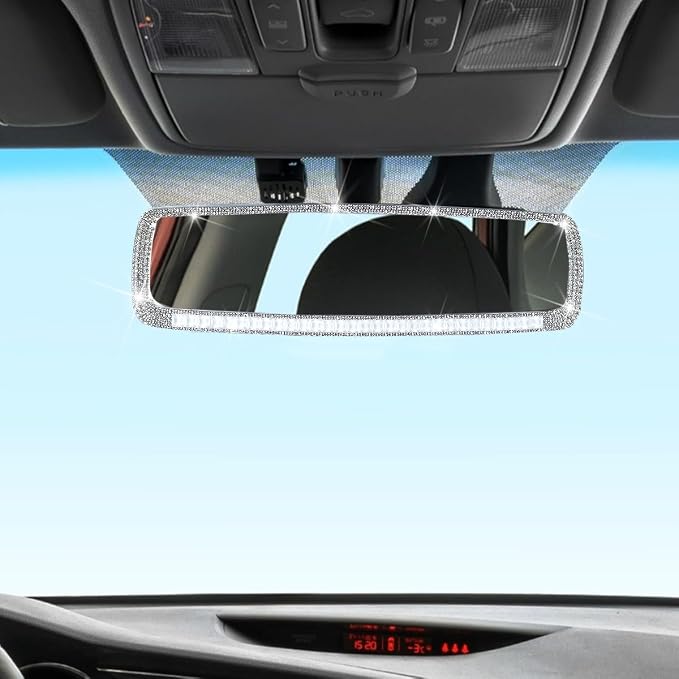 Bling Car Rear View Mirror, Crystal Rhinestones Auto Rearview Mirror with HD Glass, Universal for Most Cars, RVs, Trucks, Vehicle Interior Accessories for Women Girl (White)