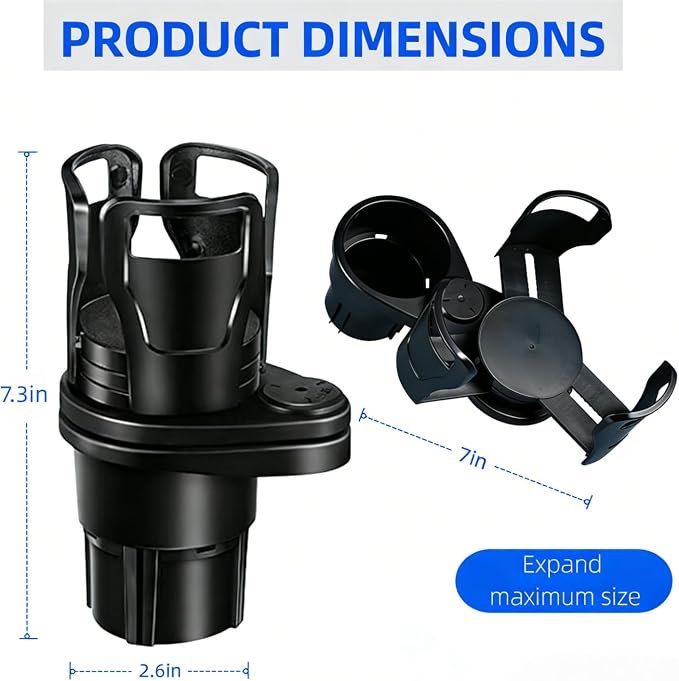 Car Cup Holder Expander, 2-in-1 Adjustable Cup Holder Adapter for Car, Fits Large Drinks, French Fries Box, Popcorn Bucket, 360° Rotatable Base, Black