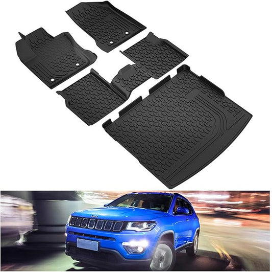 Kiwi Master Floor Mats & Cargo Mat for 2017-2026 Jeep Compass | OEM Replacement ‎82214651 ‎82214666, Custom Fit All Weather Car Mat, Heavy Duty TPE Floor Liners, Front Rear Trunk Set, Black