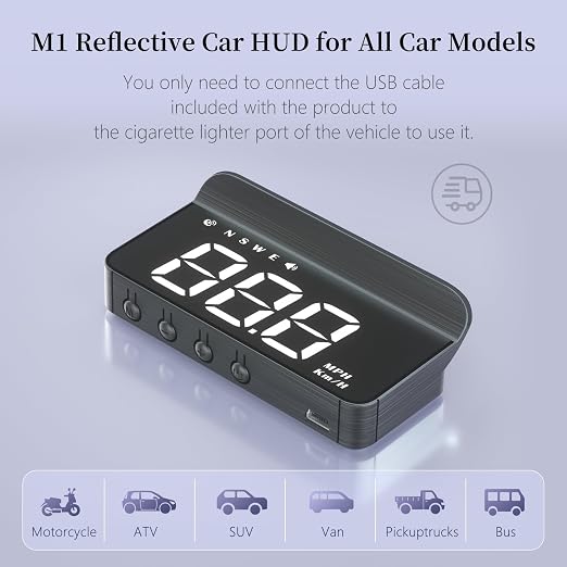 AZIJYV Heads Up Display for Cars, Windshield Speedometer Projector HUD M1white ,Digital Speedometer for Car with Speed,Driving Direction,Overspeed Alarm,Fatigued Driving,Suitable for all models