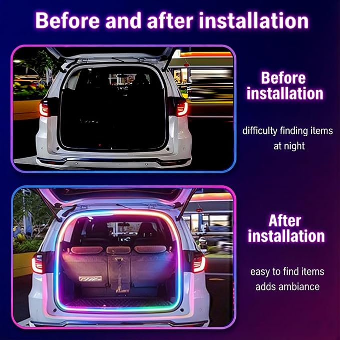 Dynamic Flowing Car Trunk Light Strip 4M/13.12ft RGB Neon Trunk led Light | Waterproof 12V Auto On/Off Cuttable Trunk LED Light Strip Flexible Silicone Ambient Lighting
