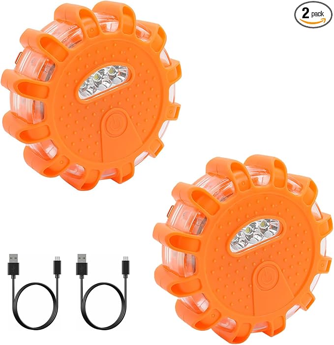 Rechargeable LED Emergency Road Flares Beacon Disc, 650mAh Lithium Battery Car Warning Safety Light with Magnetic Base, 9 Flash Modes IP67 Waterproof Type-C Charging for Vehicle Roadside Breakdown