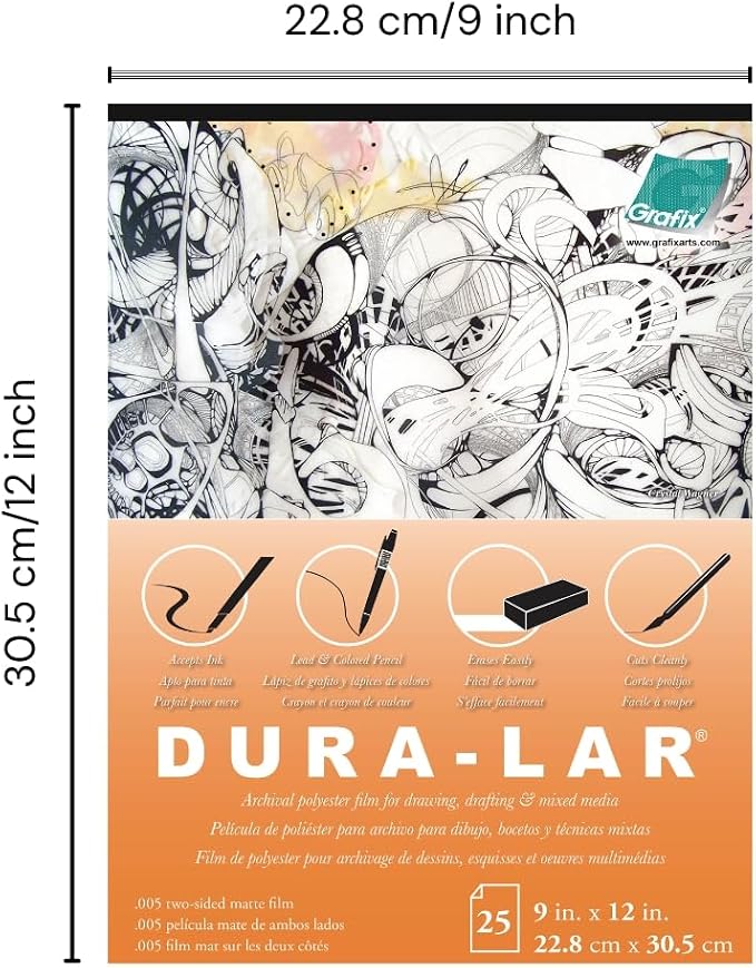 Grafix Dura-Lar 0.005" Film, Matte, Translucent 9"x12", Economical Alternative to Drafting Film, Mylar and Acetate, Translucent Drawing Surface for Lead, Ink, Charcoal and Paint, Pad of 25 Sheets