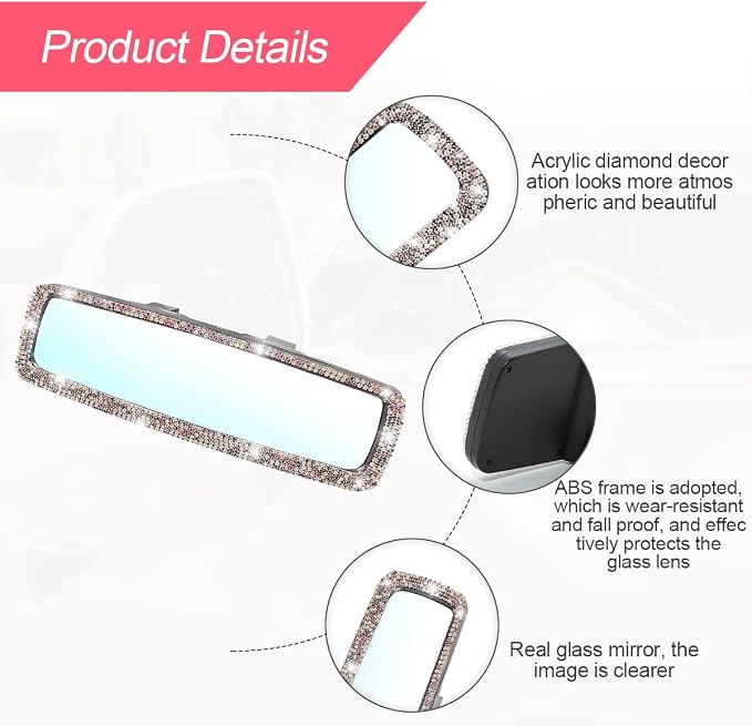 Bling Car Rear View Mirror, Rhinestones Crystal Clip-on Rearview Mirror with HD Glass, Compatible with Most Cars, SUVs, Vehicles, Auto Interior Accessories for Women Girl (Pink)