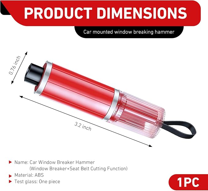 Car Window Glass Breaker Tool, Portable Emergency Escape Hammer, Compact Auto Glass Breaking Device for Vehicle Emergency Preparedness, Universal for Most Cars (Red)