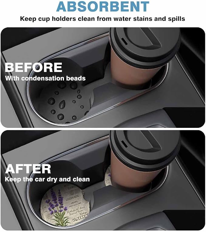 Lavender 2 Pack Car Cup Holder Coaster Anti Slip Insert Absorbent Ceramic Car Coaster with Cork Base and Finger Notch Cute Car Accessories Interior for Women Men