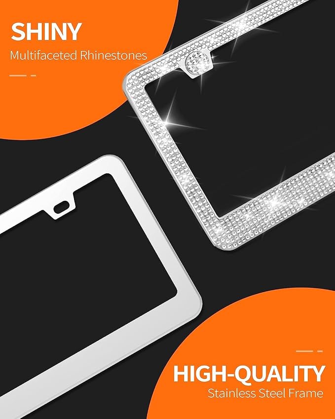 HOTOR License Plate Frame - Lastingly Bling and Sparkly License Plate Frame for Women, Stainless Steel & Obstruction-Free Frame with Multifaceted Rhinestones,White, 1 Pack