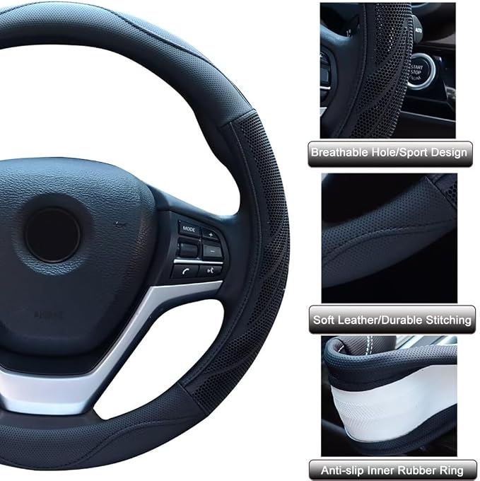 Alusbell Breathable Auto Car Steering Wheel Cover for Men and Women Microfiber Leather 15 Inches Black