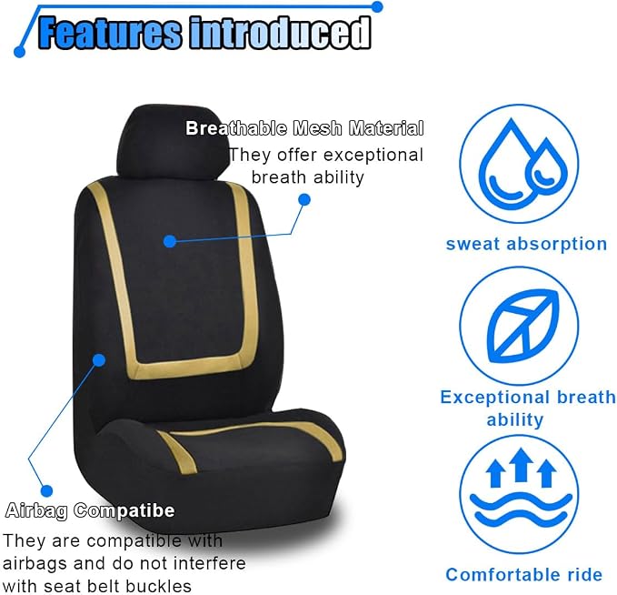 LAINLOY 2 Pack Car Seat Covers, Breathable Seat Protectors, Anti-Slip Driver Seat Cover, Comfortable Front Seat Cover Set Universal Fit for Truck, SUV, Sedan, Airbag Compatible (Black&Beige)