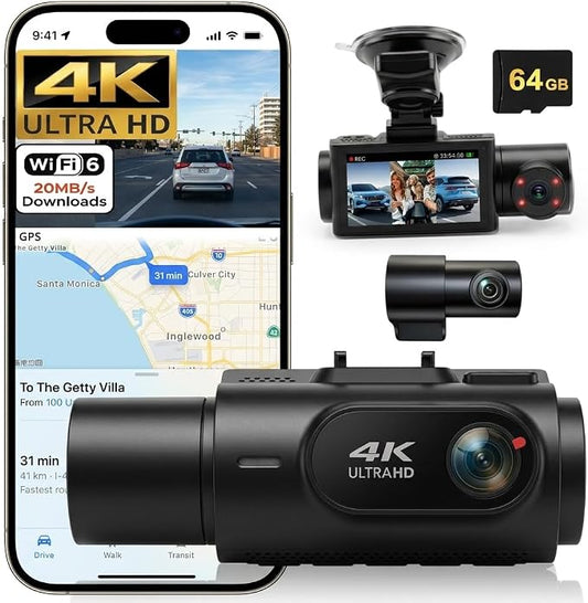 3 Channel Dash Cam 4K+2K+2K, 170° Ultra Wide Angle Triple Car Camera, Pro Night Vision, 5GHz High-Speed WiFi (2.4X Faster), GPS, G-Sensor, 24H Parking Mode, 64GB Card Included JMKANGMA