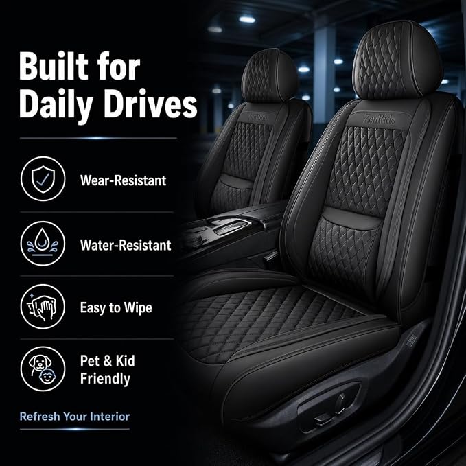 Black Thick Nappa Leather 3D Contoured Automotive Car Seat Covers Full Set | Univerasal Precision Fit,Lumbar Support,3D Contoured,Semi Coverage,Waterproof,ThickTexture,for most Suvs Trucks Sedans