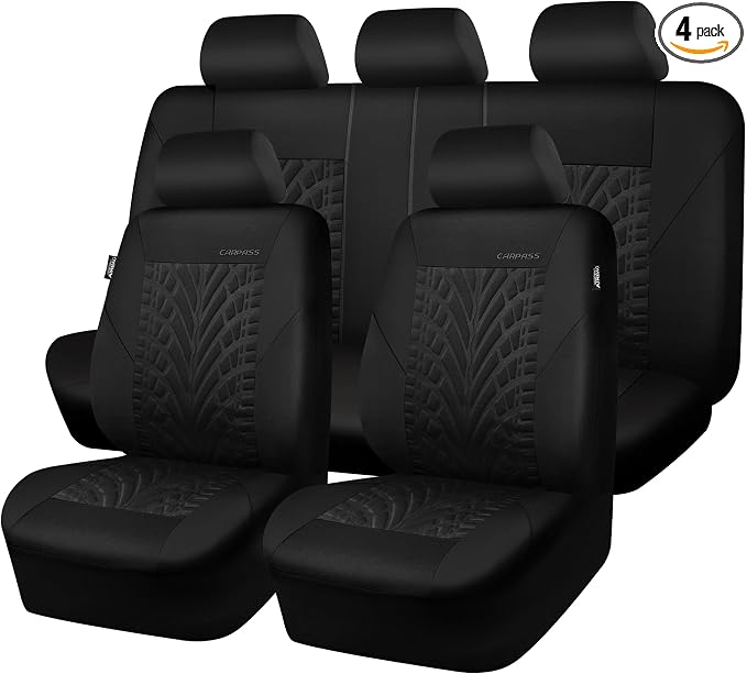 CAR PASS Car Seat Covers Full Sets, Front & Split Rear Bench for Car, 3D Tyre Embossed Automotive Interior Covers, Airbag Compatible, Quick Setup Universal Fit Seat Covers for Car, SUV(All Black)