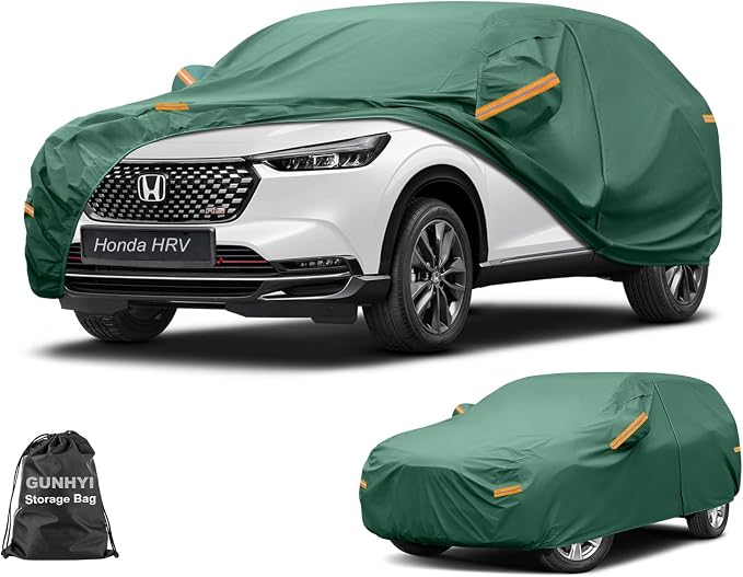 GUNHYI SUV Car Cover Waterproof All Weather, 16-Layer Heavy Duty Full Exterior Cover with Vents, Driver Door Zipper & Towel, Summer Sun/UV/Rain Protection, Fit Honda HRV, Chevy Trax, Kia Soul etc.