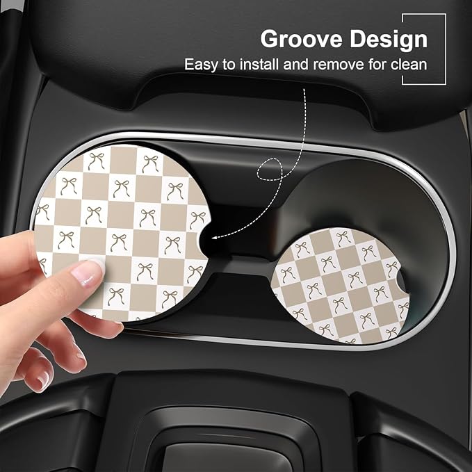 Ceramic Car Coasters – Absorbent Car Cup Holder Coaster Set for Women, Cute Aesthetic Car Accessories for Girls, 2 Pack (Beige)