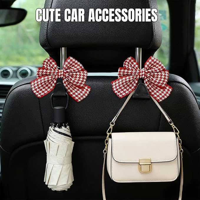 2PCS Car Seat Headrest Hooks, Car Purse Hook, Cute Bow Knot Vehicle Seatback Hanging Storage Organizer, Auto Seatback Decor Organizer Hanger for SUV Truck (Houndstooth/Red)
