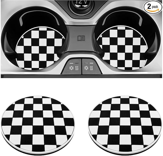 2 PCS Car Cup Coasters, 2.76 Inch Shockproof Auto Cup Holder Insert Coaster Checkered Drink Mat, Anti-Slip Waterproof Water Bottle Pad Stylish Grid Decoration for Most Vehicles (Checkerboard)