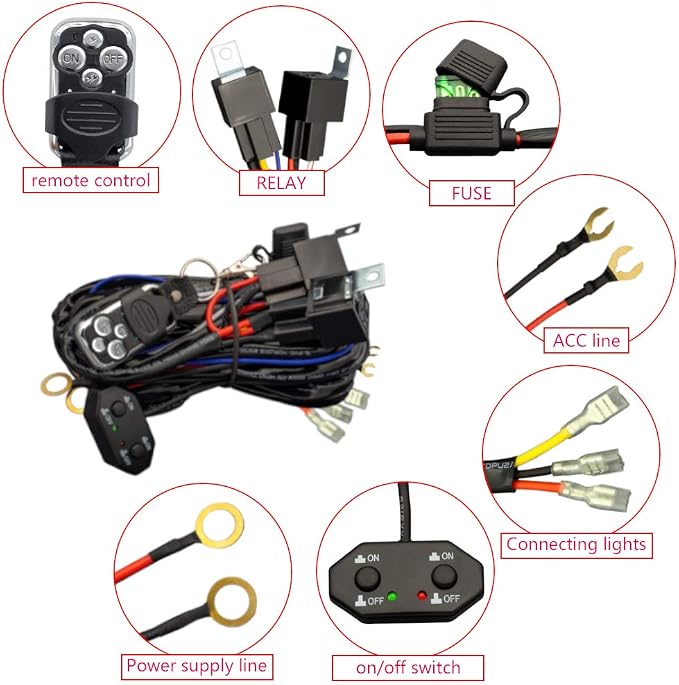 Double Color/High Low Beam Wiring Harness Kit with Remote Control DC12V Maximum 300W 40A LED Lights Wiring Harness Switch Relay 14AWG Core Cable Harness for Car Fog Lights Work Driving Lights Bar