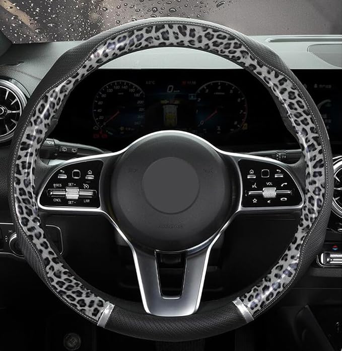 Peach Wood Grain Steering Wheel Cover Anti-Slip Breathable Durable Leather Four Seasons Universal 15 Inch Car Wrap Cover (Leopard-Gray)