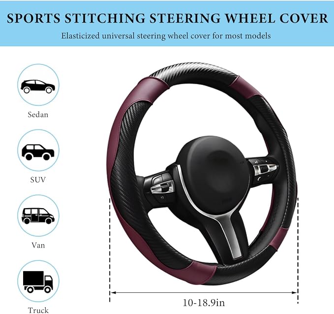 Car Steering Wheel Cover, 15 Inch Anti-Slip Stretch Leather Steering Wheel Protector, Comfortable Breathable Sporty Steering Wheel Cover for Women Men, Car Accessories (Wine Red)