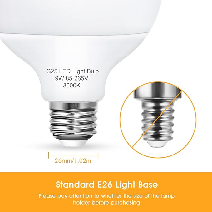 Vanity Light Bulbs for Bathroom, G25 LED Globe Light Bulb 100W Equivalent | 9W 3000K Warm White LED Bulbs E26 Medium Base for Mirror Makeup Chandelier Lighting, Non-dimmable, 4 Pack