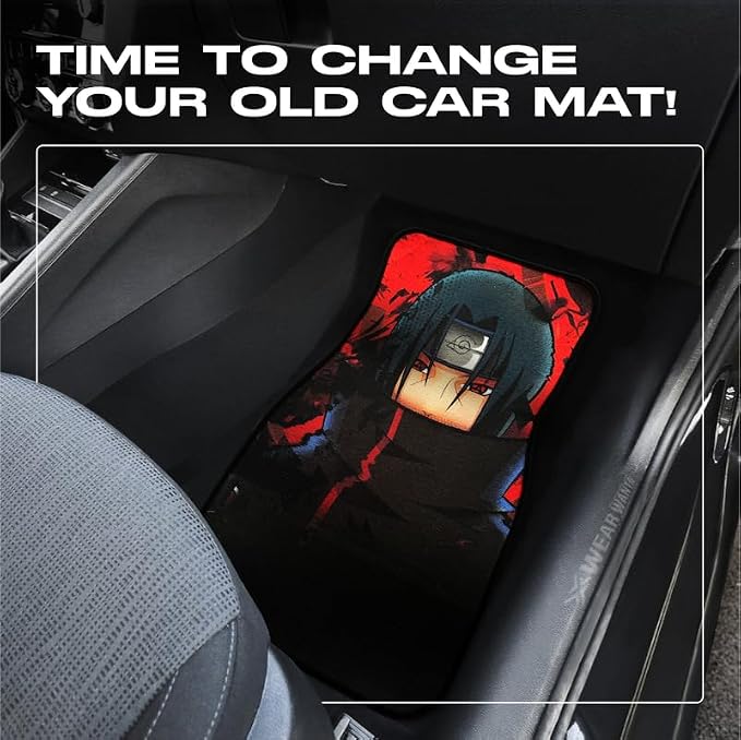 Anime Car Carpet Mat Set of 2 Front, Black Itchii Design Automotive Accessories Interior All Weather Floor Mats Decor with Non Slip Black Anti Skid Backing