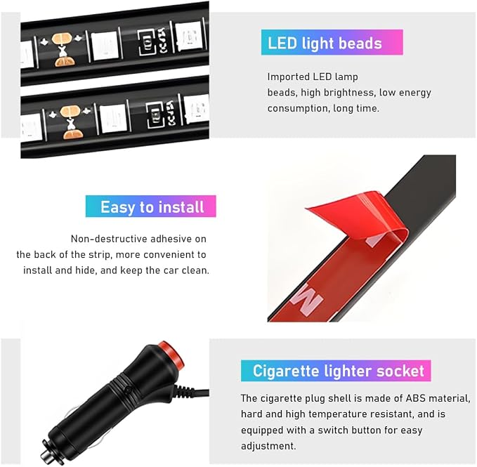 Ohleats Car LED Strip Light, 24 LED RGB Auto Interior Atmosphere Lights, Cigarette Lighter Under Dash Ambient Night Light, Interior Decorative Lamp Lighting Kit Car Accessories (Pink Purple)