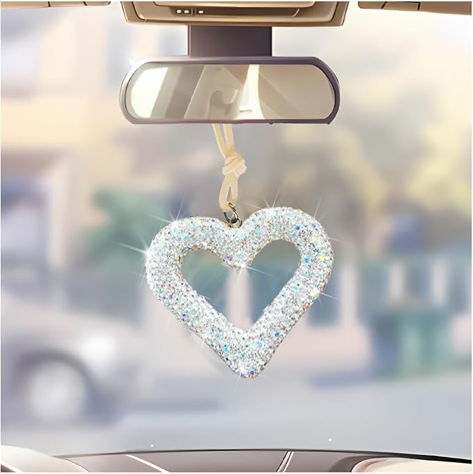 Mandark Bling Heart Car Hanging Accessories, Crystal Rhinestone Vehicle Rear View Mirror Charm Pendant Ornaments, Cute Diamond Auto Interior Hanger Decoration for Women Girls（AB Color）