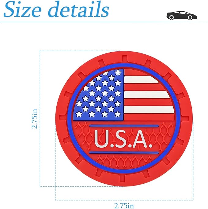 AUCELI 2 Pack Car Cup Holder Coasters, Colored American Flag US Flag Insert Car Cup Coaster, 2.75 Inch Anti Slip Shockproof Embedded Drink Mat, Vehicle Interior Decor Accessories