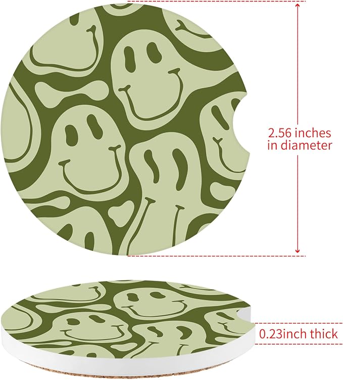 Car Coasters,Purple Smily Absorbent 2 Pack for Cup Holders with Finger Notch,2.56 inches Ceramics Heat Resistant Anti Slip Cork Base Car Drinks Coasters Auto Cup Holder(Green Smily)