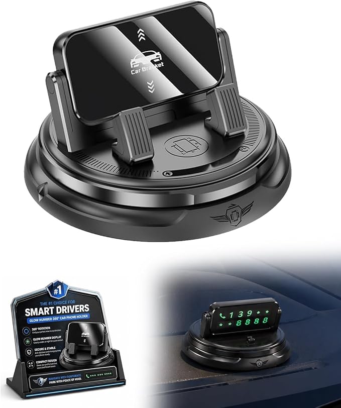 Car Phone Holder 360 Degree Rotation Navigation Mount Splendid Dashboard Windshield Accessories for Women Rotating Soporte De Telefono para Carro Grip Anti-Slip Grips(Glow Number Edition)