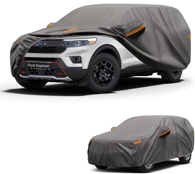 Kayme Heavy Duty SUV Car Cover Custom Fit for Ford Explorer 2002-2026, Waterproof All Weather Outdoor Full Protection, UV Sun Rain Resistant with Zipper Door & Windproof Straps.