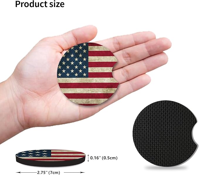 Car Coasters for Cup Holders，Car Cup Holder Coasters, 2 Pack Cup Holder Coasters for Car, Anti Slip Rubber Car Cup Mat with A Finger Notch, Cute Car Interior Accessories for Women 2.75" American Flag
