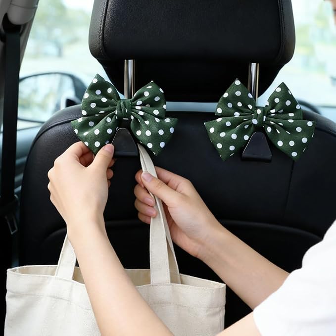 2PCS Car Seat Headrest Hooks, Car Purse Hook, Cute Bow Knot Vehicle Seatback Hanging Storage Organizer, Auto Seatback Decor Organizer Hanger for SUV Truck (Green/Polka Dot)